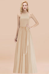 Modest Long A-line Halter Chiffon Bow Champagne Bridesmaid Dresses