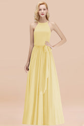 Modest Long A-line Halter Chiffon Bow Daffodil Bridesmaid Dresses