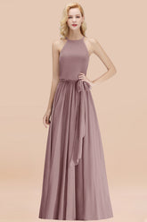 Modest Long A-line Halter Chiffon Bow Dusk Bridesmaid Dresses