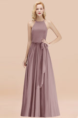 Modest Long A-line Halter Chiffon Bow Dusk Bridesmaid Dresses