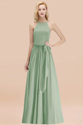 Modest Long A-line Halter Chiffon Bow Dusty Sage Bridesmaid Dresses