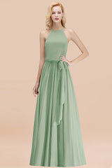 Modest Long A-line Halter Chiffon Bow Dusty Sage Bridesmaid Dresses