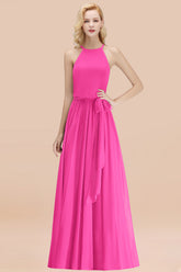 Modest Long A-line Halter Chiffon Bow Fuchsia Bridesmaid Dresses