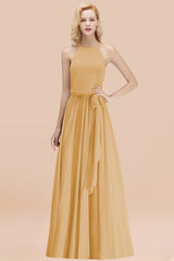 Modest Long A-line Halter Chiffon Bow Gold Bridesmaid Dresses