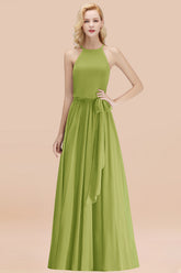 Modest Long A-line Halter Chiffon Bow Green Bridesmaid Dresses