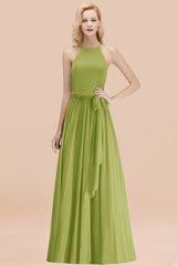 Modest Long A-line Halter Chiffon Bow Green Bridesmaid Dresses
