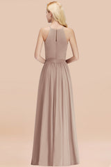 Modest Long A-line Halter Chiffon Bow Khaki Bridesmaid Dresses