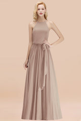 Modest Long A-line Halter Chiffon Bow Khaki Bridesmaid Dresses