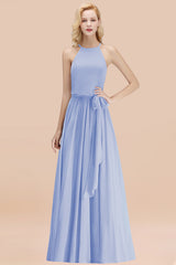 Modest Long A-line Halter Chiffon Bow Lavender Bridesmaid Dresses