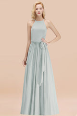Modest Long A-line Halter Chiffon Bow Mist Bridesmaid Dresses