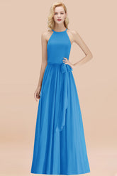 Modest Long A-line Halter Chiffon Bow Ocean Blue Bridesmaid Dresses