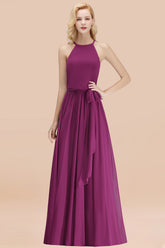Modest Long A-line Halter Chiffon Bow Orchid Bridesmaid Dresses
