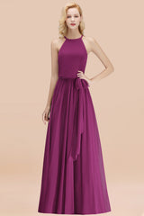 Modest Long A-line Halter Chiffon Bow Orchid Bridesmaid Dresses