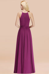 Modest Long A-line Halter Chiffon Bow Orchid Bridesmaid Dresses