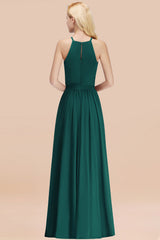 Modest Long A-line Halter Chiffon Bow Peacock Bridesmaid Dresses