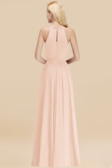 Modest Long A-line Halter Chiffon Bow Pearl Pink Bridesmaid Dresses