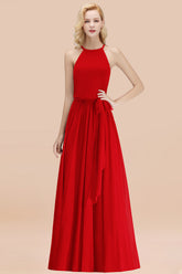 Modest Long A-line Halter Chiffon Bow Red Bridesmaid Dresses