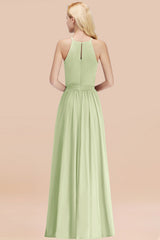 Modest Long A-line Halter Chiffon Bow Sage Bridesmaid Dresses