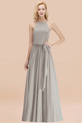 Modest Long A-line Halter Chiffon Bow Silver Bridesmaid Dresses