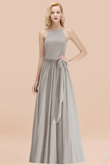 Modest Long A-line Halter Chiffon Bow Silver Bridesmaid Dresses