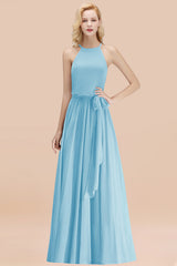 Modest Long A-line Halter Chiffon Bow Sky Blue Bridesmaid Dresses