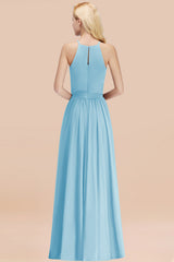 Modest Long A-line Halter Chiffon Bow Sky Blue Bridesmaid Dresses