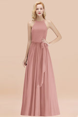Modest Long A-line Halter Chiffon Bow Vintagemauve Bridesmaid Dresses