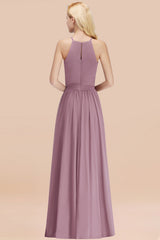 Modest Long A-line Halter Chiffon Bow Wisteria Bridesmaid Dresses