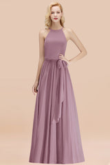 Modest Long A-line Halter Chiffon Bow Wisteria Bridesmaid Dresses