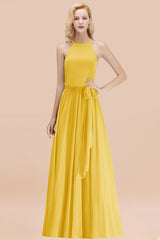 Modest Long A-line Halter Chiffon Bow Yellow Bridesmaid Dresses
