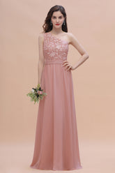 One Shoulder Floor Length A-Line Chiffon Bridesmaid Dress With Appliques Lace