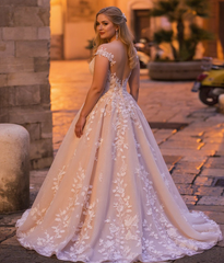 Plus Size A-Line Bateau Appliques Lace Backless Floor Length Sequins Wedding Dress