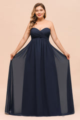 Plus Size Long Sweetheart Chiffon Dark Navy Bridesmaid Dress