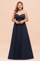 Plus Size Long Sweetheart Chiffon Dark Navy Bridesmaid Dress