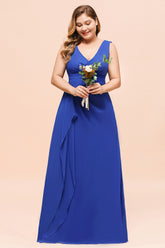 Plus Size Wide Straps V-neck A-line Floor Length Chiffon Bridesmaid Dress