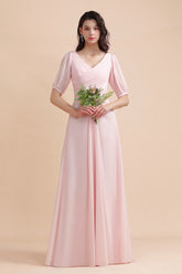 Half Sleeves V-neck A-Line Bridesmaid Dress Chiffon Long Wedding Guest Dress