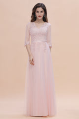 Long Sleeves A-Line V-neck Lace Appliques Wedding Guest Dress
