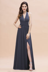 Sexy Halter Deep V-neck A-Line Chiffon Floor Length Bridesmaid Dress