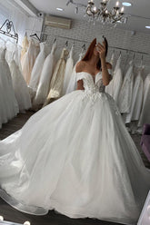 Shiny Long Ball Gown Off the Shoulder Tulle Lace Wedding Dresses