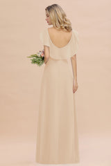 Simple High Low A-line V-Neck Ruffles Chiffon Champagne Bridesmaid Dress