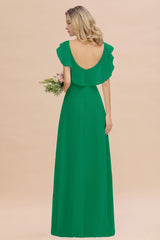 Simple High Low A-line V-Neck Ruffles Chiffon Emerald Bridesmaid Dress