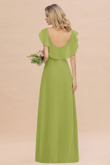 Simple High Low A-line V-Neck Ruffles Chiffon Green Bridesmaid Dress