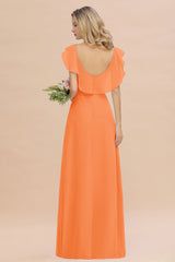 Simple High Low A-line V-Neck Ruffles Chiffon Orange Bridesmaid Dress