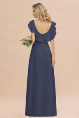 Simple High Low A-line V-Neck Ruffles Chiffon Stormy Bridesmaid Dress