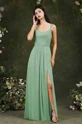 Simple Spaghetti Straps Backless A-Line Floor Length Chiffon Bridesmaid Dress With Pockets Split