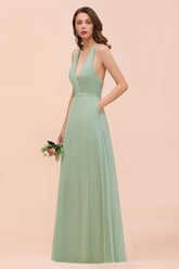 Simple V-neck Wide Straps A-line Chiffon Bridesmaid Dress With Pockets