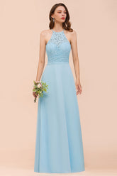 Sky Blue Halter Appliques Chiffon A-Line Bridesmaid Dress Sleeveless Party Dress