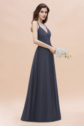 Spaghetti Straps V-Neck Bridesmaid Dress A-Line Chiffon Evening Dress With Pockets
