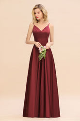 Stunning Spaghetti Straps A-Line V-neck Floor Length Ruched Satin Bridesmaid Dress