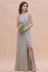Stylish Spaghetti Straps A-Line Floor Length Bridesmaid Dress With Side Slit